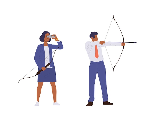 Hombre de negocios y mujer de negocios personaje de dibujos animados con arco y flecha aislado en blanco