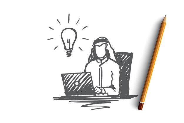 Hombre de negocios, musulmán, árabe, islam, idea, concepto de lluvia de ideas. Dibujado a mano empresario musulmán trabajando con el bosquejo del concepto de portátil.