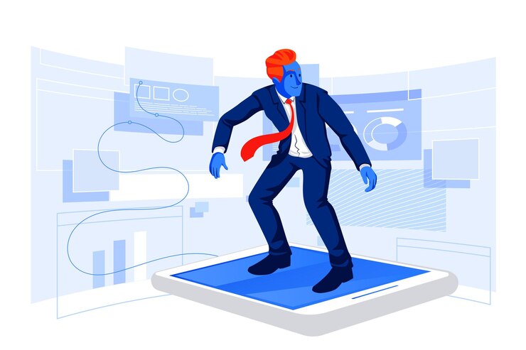 Vector hombre de negocios, navegar, en, el, internet, con, smartphone, negocio, concepto, ilustración