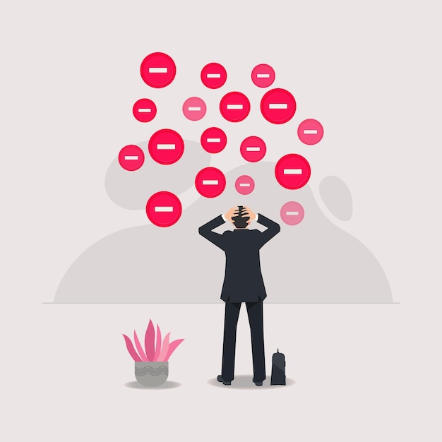 hombre de negocios, con, negativo, icono, negativo, ambiente de trabajo, vector, ilustración