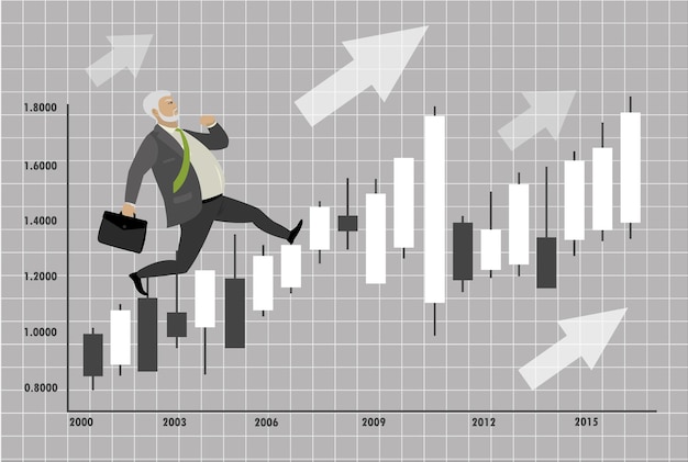 Vector hombre de negocios o trabajador de oficina corre en el gráfico con candelabros para el éxito ilustración vectorial de dibujos animados