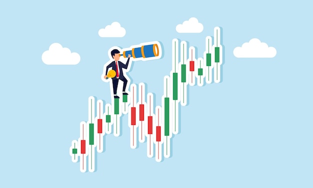Un hombre de negocios observa a través de un telescopio encima de un gráfico de acciones sosteniendo una ilustración de lámpara de monitoreo y análisis del rendimiento empresarial basado en la aplicación de ideas e innovaciones