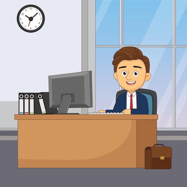 Un hombre de negocios de oficina trabaja muy feliz con energía total