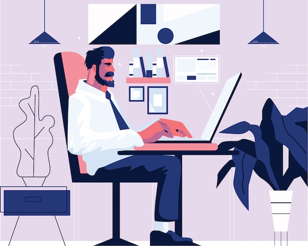 Hombre de negocios en la oficina trabajando en equipo portátil. ilustración plana