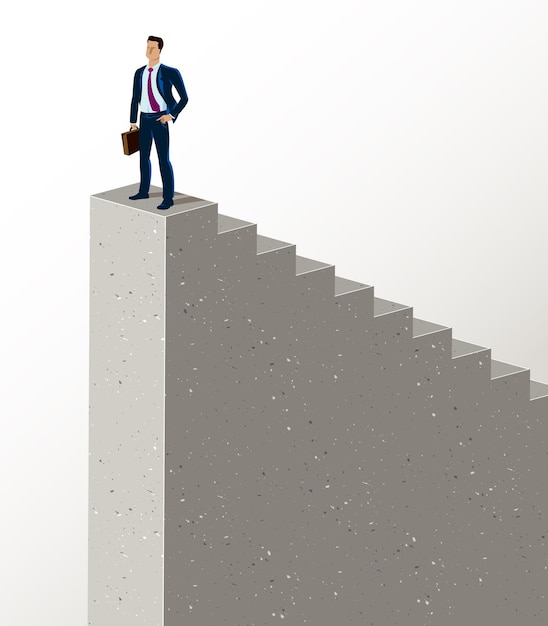 Hombre de negocios parado en la ilustración vectorial de las escaleras superiores, concepto de éxito y progreso profesional, ambiciones de liderazgo, hermoso hombre de negocios guapo.