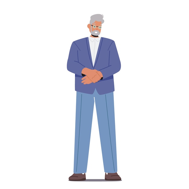 Hombre de negocios de pelo gris senior en traje formal Personaje masculino Usar chaqueta azul y pantalones aislados sobre fondo blanco Persona barbuda de moda madura única Personas de dibujos animados Ilustración vectorial