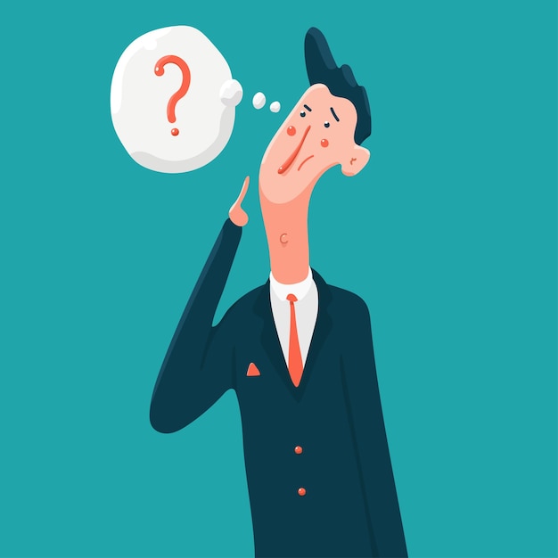 Hombre de negocios de pensamiento con personaje de dibujos animados de signo de interrogación aislado sobre fondo.