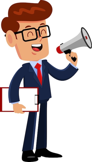 Hombre de negocios personaje de dibujos animados hablando a través de un megáfono Ilustración vectorial Diseño plano