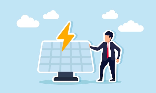 Un hombre de negocios de pie al lado de un panel solar y una ilustración de un letrero de electricidad de negocios en el panel solar y la industria de generación de energía alternativa