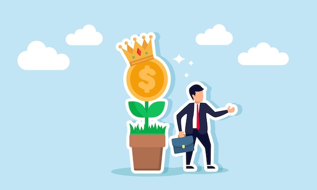 Un hombre de negocios de pie al lado de una planta de dólar de corona ilustración de la experiencia de una empresa en la gestión de activos de inversión para el crecimiento y el desarrollo
