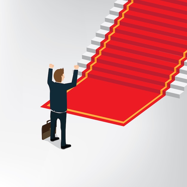 Vector hombre de negocios de pie delante de ganar escalera