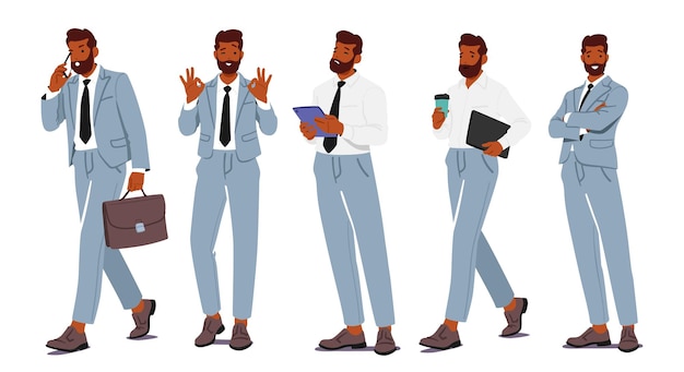 Hombre de negocios de pie en diferentes poses Personaje masculino en traje formal sosteniendo maletín café y tableta mostrando gesto Ok hablar por teléfono inteligente y doblar los brazos personas de dibujos animados ilustración vectorial