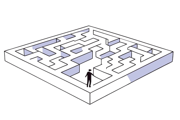 Un hombre de negocios de pie en la entrada del laberinto Ilustración del concepto de resolución de problemas