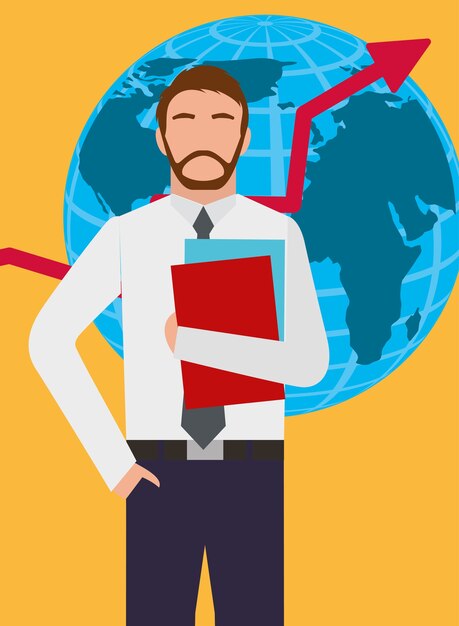 hombre de negocios de pie con globo mapa y flecha de crecimiento