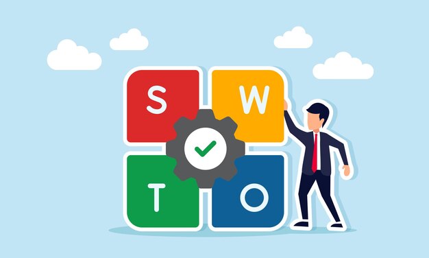 hombre de negocios de pie junto a un rompecabezas etiquetado SWOT con un engranaje marcado con una ilustración de comprobación del análisis del sistema basado en SWOT
