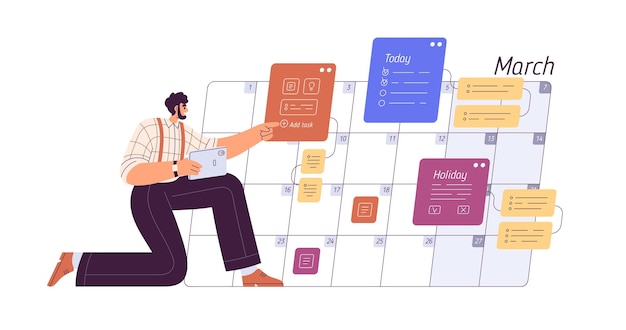 Hombre de negocios planea el horario del mes en el calendario. Horario de trabajo y vacaciones, concepto de planificador. Gestión y organización eficaz del tiempo. Ilustración vectorial gráfica plana aislada sobre fondo blanco