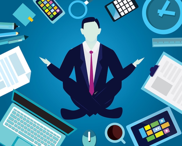 Hombre de negocios en posición de yoga. tranquilo relax en los negocios