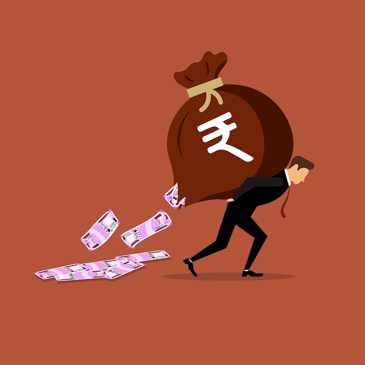 hombre de negocios, proceso de llevar, bolsa de dinero rasgada, en, el suyo, espalda