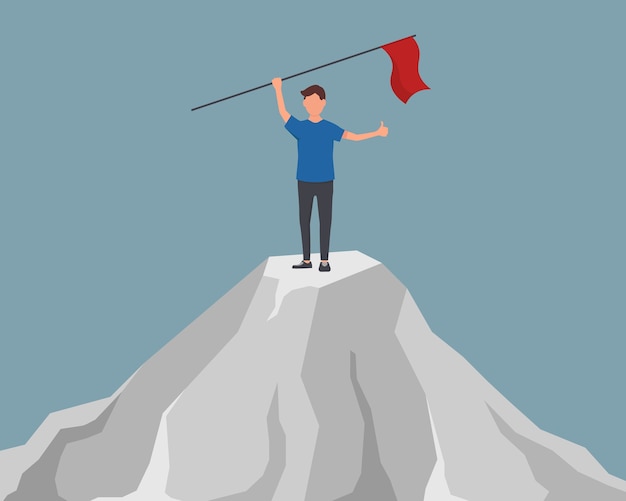 Hombre de negocios con propósito con bandera en mano. Comienzo del camino al logro de la meta. Carácter de empresaria izada bandera roja en la cima de la montaña.