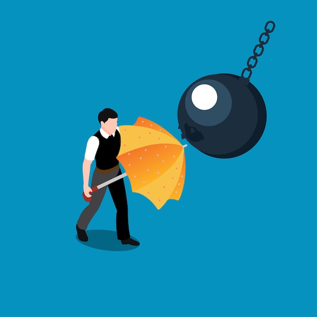 Un hombre de negocios se protege con un paraguas de una pelota.