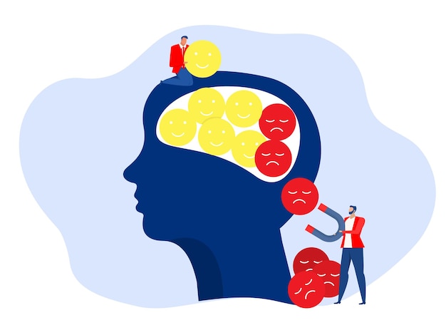 El hombre de negocios puso un pensamiento positivo en la cabeza humana y generó negatividad para una nueva mentalidad