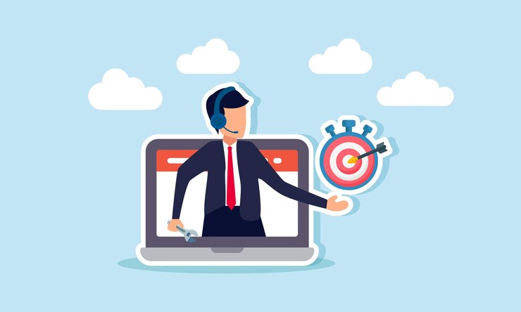 Vector un hombre de negocios que actúa como servicio al cliente está en una computadora portátil mostrando un cronómetro y un tablero de objetivo