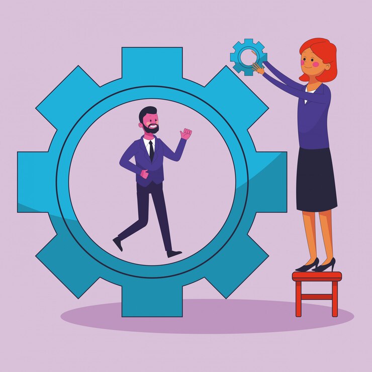 Vector hombre de negocios que camina dentro del engranaje y el jefe de la mujer que ayuda diseño gráfico del ejemplo del vector