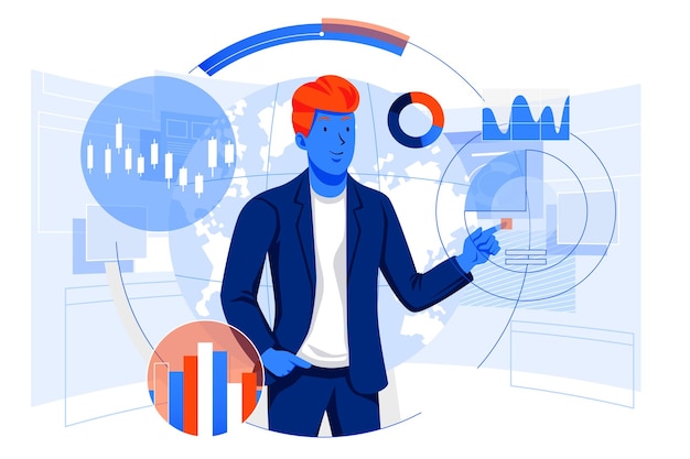 Hombre de negocios que controla la interfaz de holograma futurista Ilustración del concepto de vector de negocio