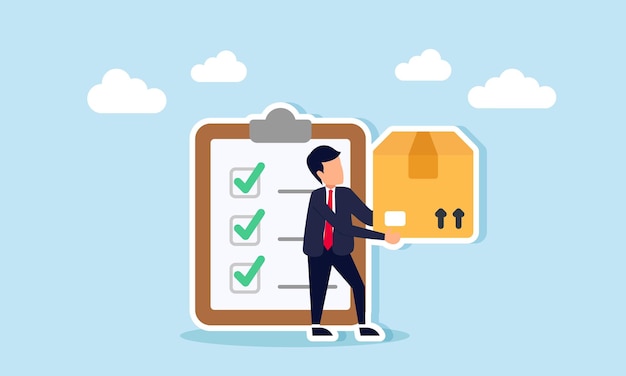 Hombre de negocios que lleva una caja de paquetes de pie frente a una ilustración de un tablero de checklist de una lista de paquetes entregados