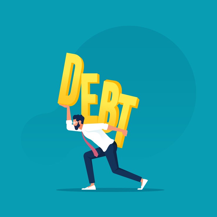 Vector hombre de negocios que lleva una gran carga de deuda concepto de vector de crisis económica