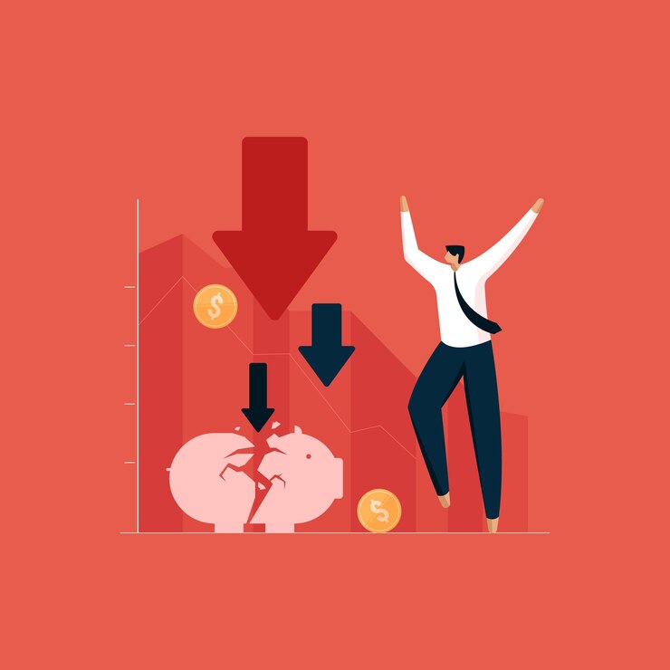 Vector hombre de negocios que lucha con el efecto de la crisis financiera y bursátil global en las empresas locales