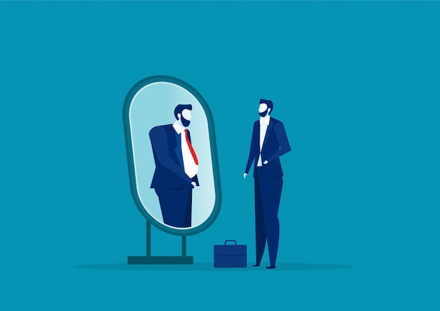 Hombre de negocios que mira el espejo y se ve a sí mismo como persona gorda. subestimarse a sí mismo y pretender obsesión por concepto.