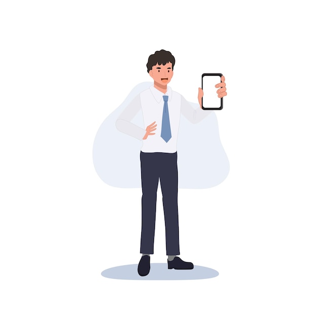 Hombre de negocios que muestra al hombre del teléfono inteligente que sostiene el teléfono inteligente de cerca Ilustración de dibujos animados de vector plano