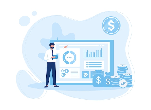 hombre de negocios que muestra gráfico de acciones mercado de comercio financiero diagrama concepto ilustración plana