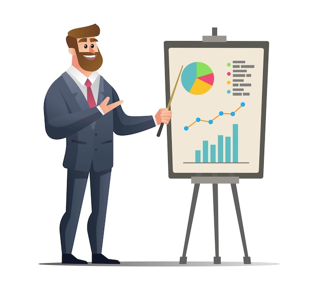 Hombre de negocios que presenta el concepto de marketing de gráfico de diagrama