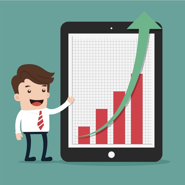 Hombre de negocios que presenta estadísticas y un gráfico en crecimiento en una tableta