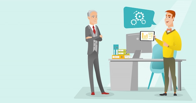 Hombre de negocios que presenta informe en tableta digital.
