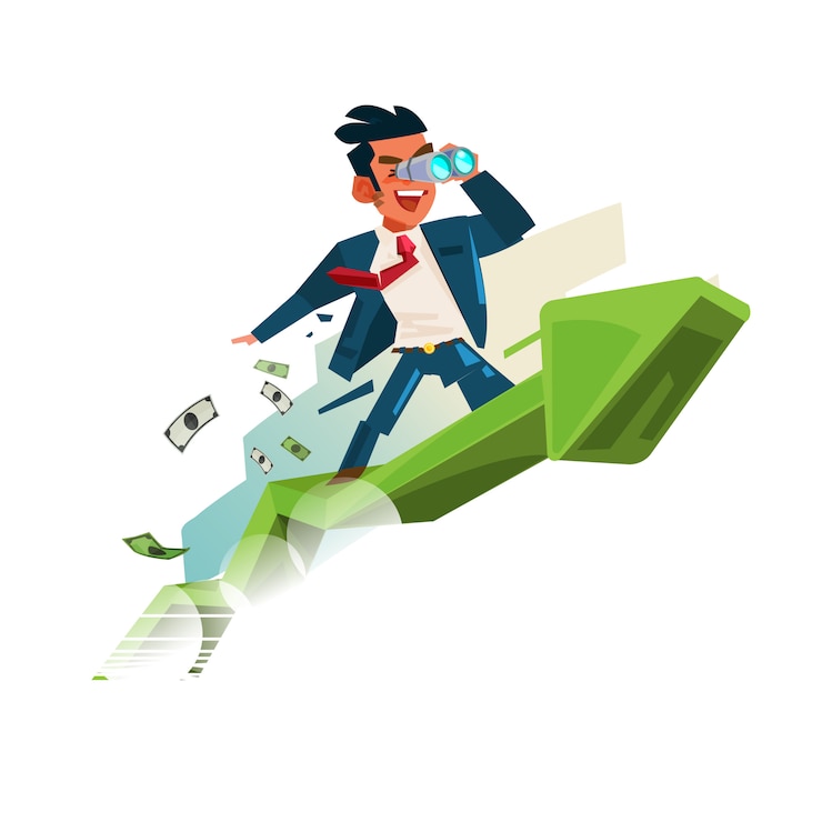 Vector hombre de negocios que sostiene binocular en gráfico ascendente. buscando dinero y éxito en el concepto de negocio.