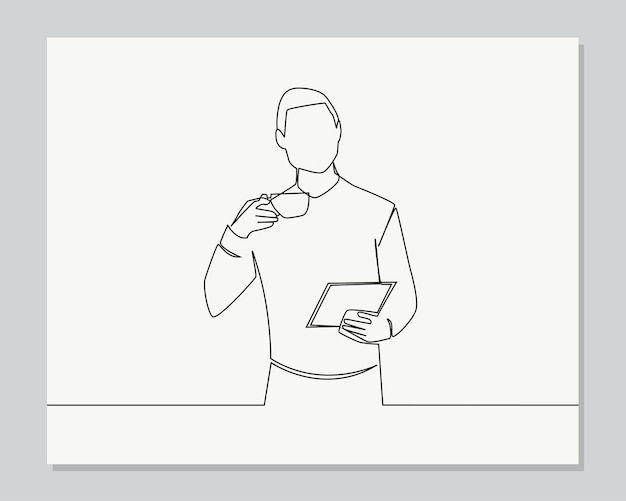 Hombre de negocios que sostiene la tableta digital y una taza de café continua ilustración de una línea