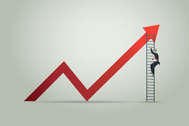 Hombre de negocios que sube la escalera a través del crecimiento del gráfico. Vector de ilustración de concepto de negocio