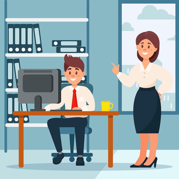 Hombre de negocios que trabaja con un asistente personal de computadora portátil que toma notas en el lugar de trabajo de la oficina con una mesa y un vector de estantería Estilo de dibujos animados de ilustración