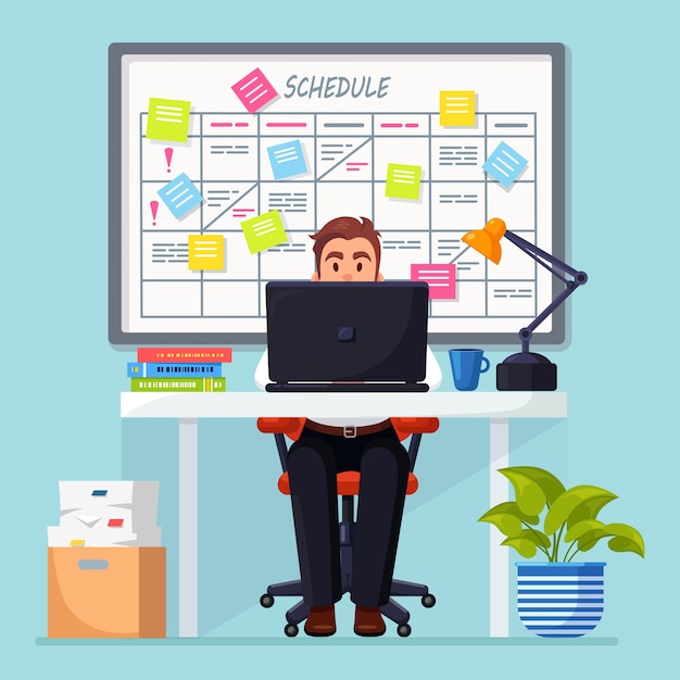 Hombre de negocios que trabaja en el escritorio Calendario de planificación en el tablero de tareas. Planificador, calendario en pizarra