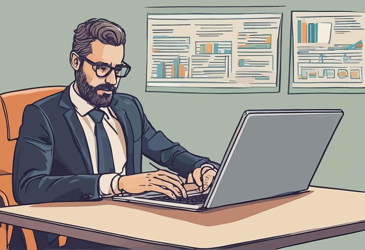 Vector hombre de negocios que trabaja en el escritorio hombre de negocio que trabaja en la mesa de la oficina hombre de trabajo en la computadora