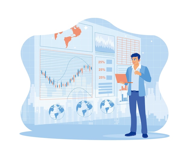 El hombre de negocios que utiliza una computadora portátil con interfaz de negocio digital con gráficos y datos a nivel mundial.