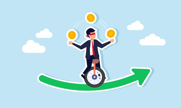 Un hombre de negocios realizando un acto de circo en un gráfico verde creciente montando un monociclo con los ojos vendados mientras hace malabarismos con monedas de dólar ilustración de los riesgos de capital empresarial tomados para aumentar los ingresos