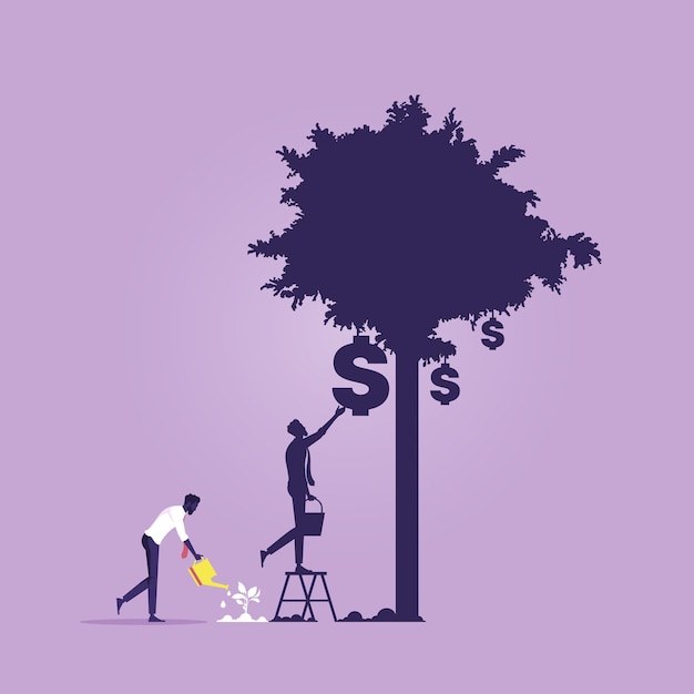 Hombre de negocios regando el árbol del dinero con el árbol de crecimiento de la sombra teniendo la inversión en dinero