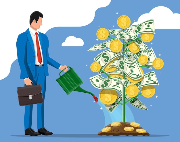Hombre de negocios regando el árbol de la moneda del dinero con lata. Árbol de dinero en crecimiento. Inversión, inversión. Monedas de oro y billetes de dólar en sucursales. Símbolo de riqueza. Éxito en el negocio. Ilustración de vector plano.