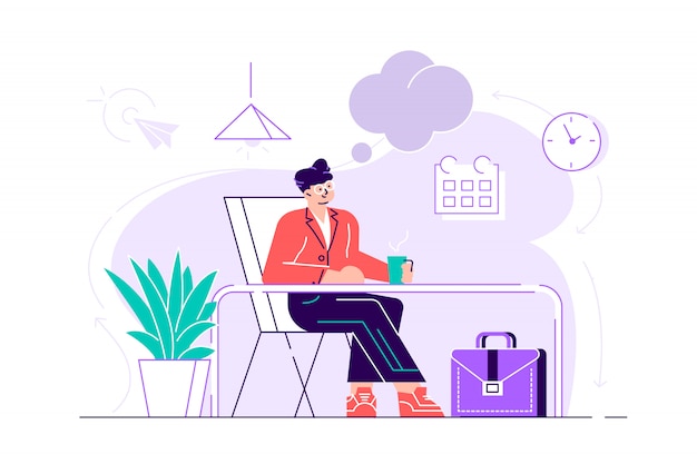El hombre de negocios se relaja y sueña con algo en su lugar de trabajo. Interior de la oficina moderna. Concepto de negocio. Ilustración de diseño de estilo plano para página web, tarjetas, póster, redes sociales.