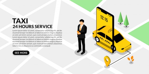 Hombre de negocios mediante reserva móvil taxi, concepto de servicio de taxi en línea isométrica