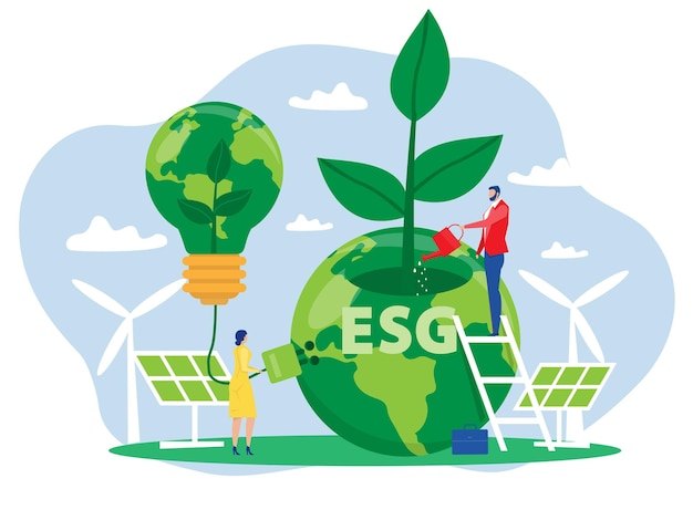 el hombre de negocios riega las plantas en la Tierra en forma de lámpara de bombilla con problema ecológico ESG renovable